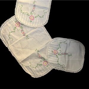 Vintage 3 matching hand embroidered floral  dresser scarves